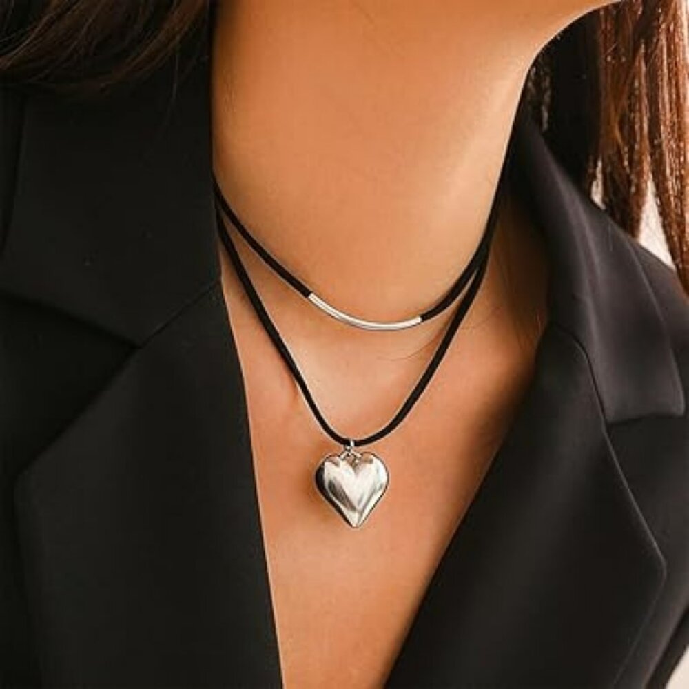 Y2k Love Heart Black Rope Pendant Layered Puffy Silver Heart Choker Necklace